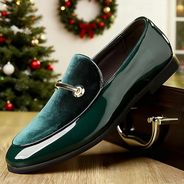 Leather Men's Decorative with Faux Green Loafers Loops Gold