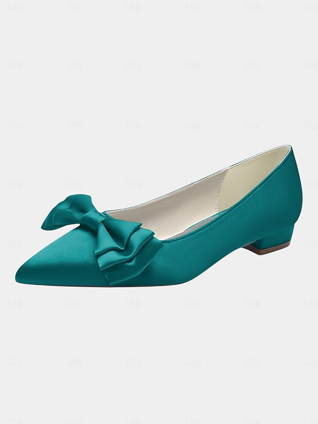 Green Bow Elegant Pointed Toe - Satin Flats Women's