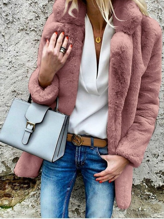 Plain Coat Comfortable Fur Warm Going Casual Women's Collar