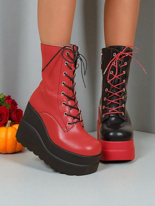 Boots Platform Ankle and Lace-Up Women's - Bold Black Red