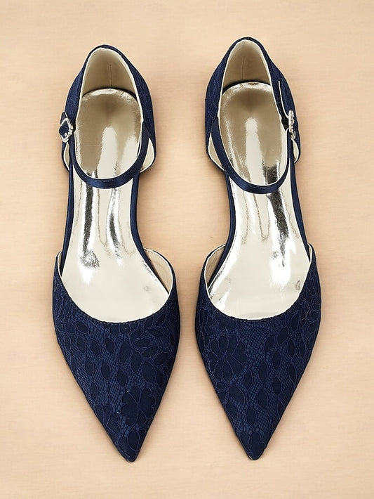 and Navy Women's with Ankle Blue Pointed Flats Strap Lace