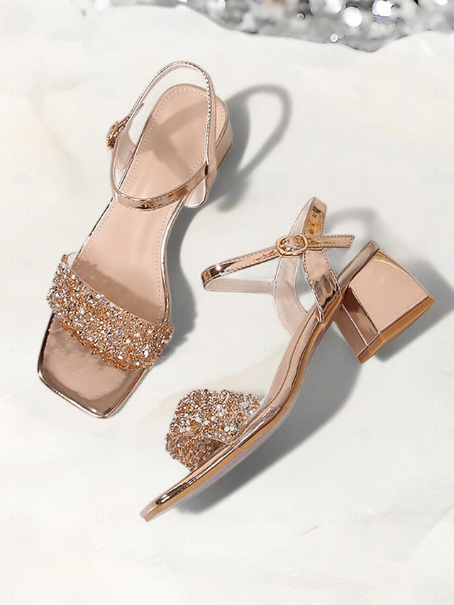 Heel Sandals – Elegant Wedding Gold Women Block Rhinestone for