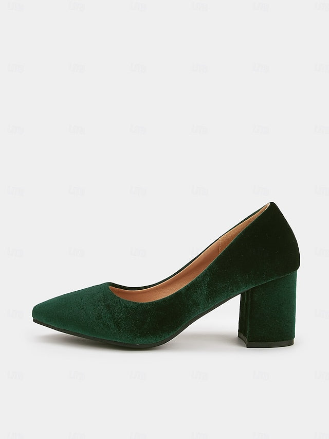 Green Velvet Toe - Block Women's Elegant Pumps Heel Pointed