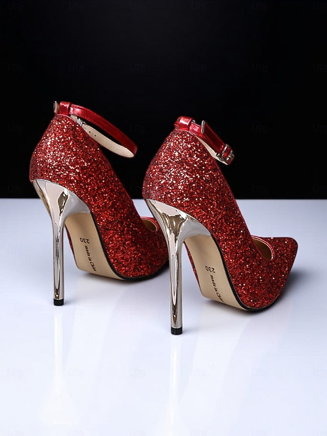 – Gold Pointed Women's Heels Sparkly Glitter Toe Stiletto