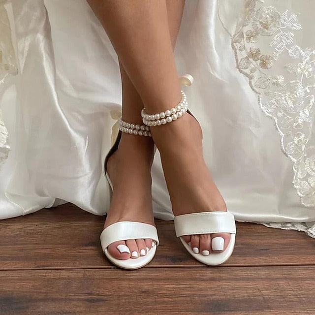 with Heels Anklet Satin Block Sandals White Wedding - Pearl and