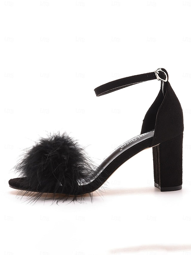 Women Sandals Heel for Wedding Feather-Embellished Block –