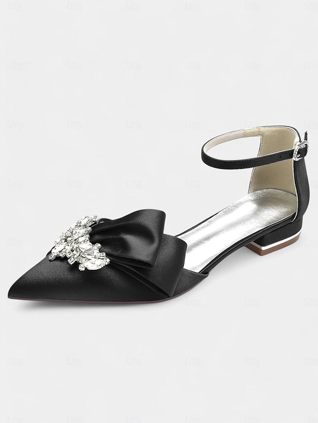 Rhinestone Pointed-Toe Heels Satin with Ankle White Bow and