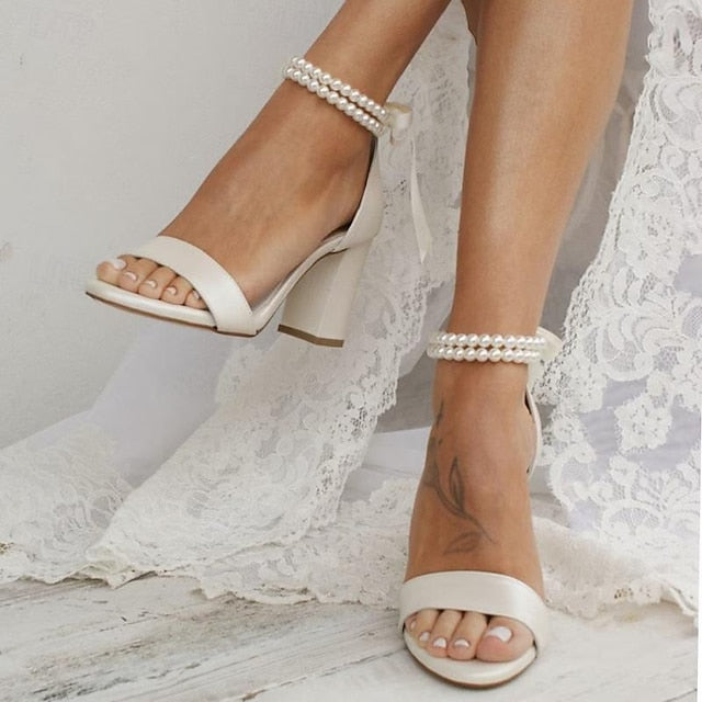 with Heels Anklet Satin Block Sandals White Wedding - Pearl and