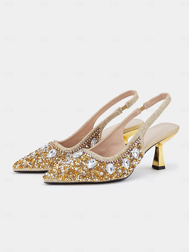 Pearl Rhinestone Women's Slingback with Heels Gold