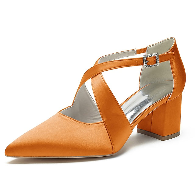 Heels Elegant Women's Pointed – White Toe Block Satin