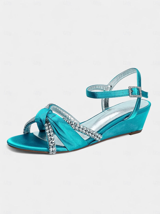 Knot Green Wedge Sandals - Satin Women's Rhinestone