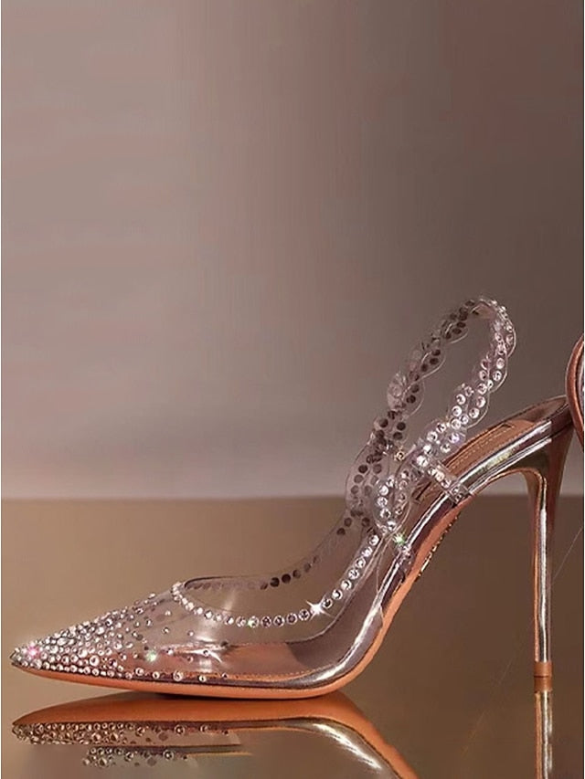Toe with Heels Slingback Women's Pointed Rhinestone Clear