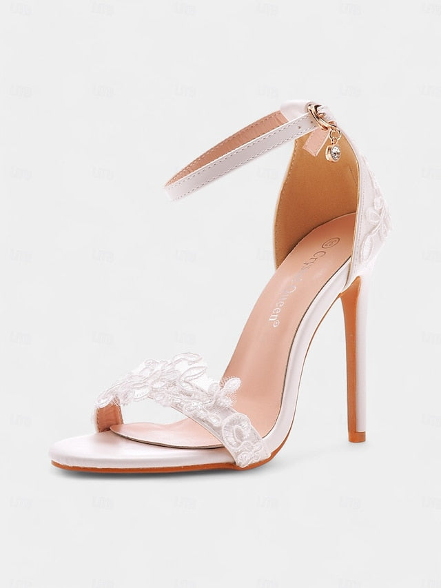 Women's White Wedding with Lace Ankle Heels Stiletto Strap