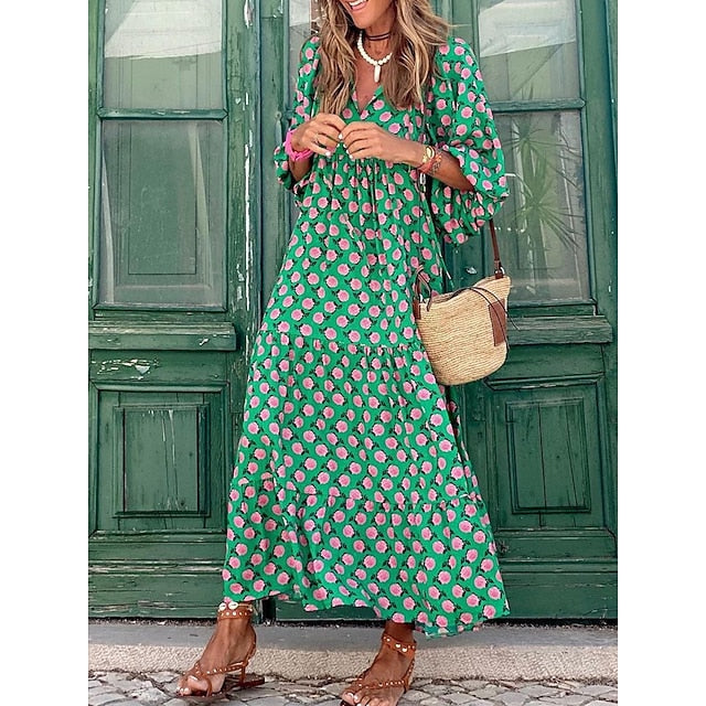 Women's Long Dress Boho Chic Dress Green 3/4 Length Sleeve
