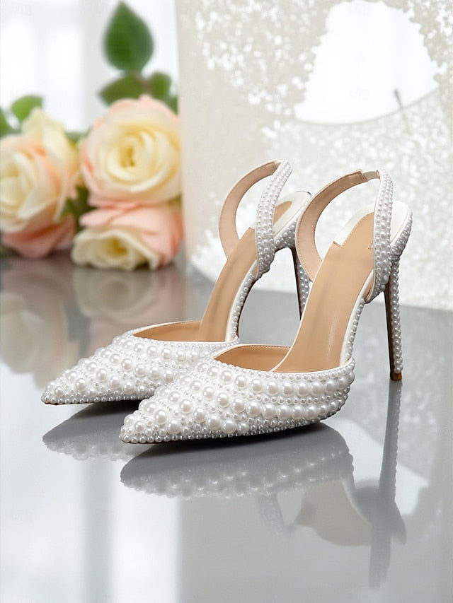Leather Pearl-Embellished Heels Women's White Slingback -