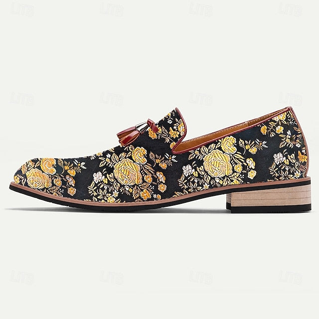 Men's for Loafers with Pattern Jacquard Floral Tassels