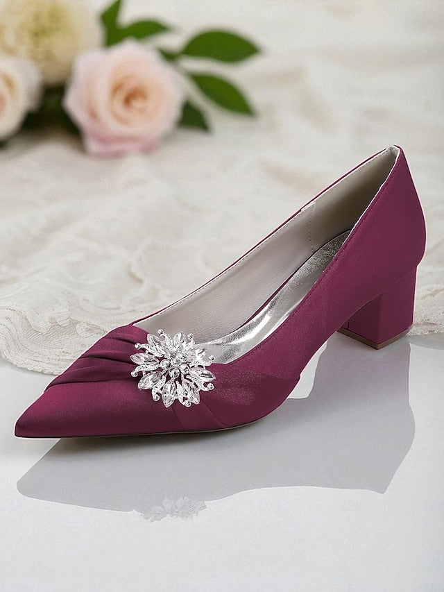 Women's Crystal with Pumps Block Heel Low White