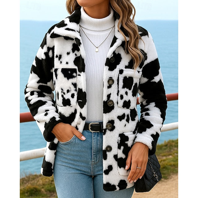 Women's Fleece Jacket Winter Coat Buttons Long Sleeve Top