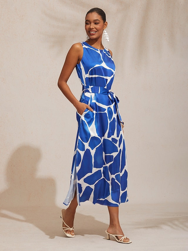 Vacation Geometric Color Block Print Straight Fit Satin Maxi