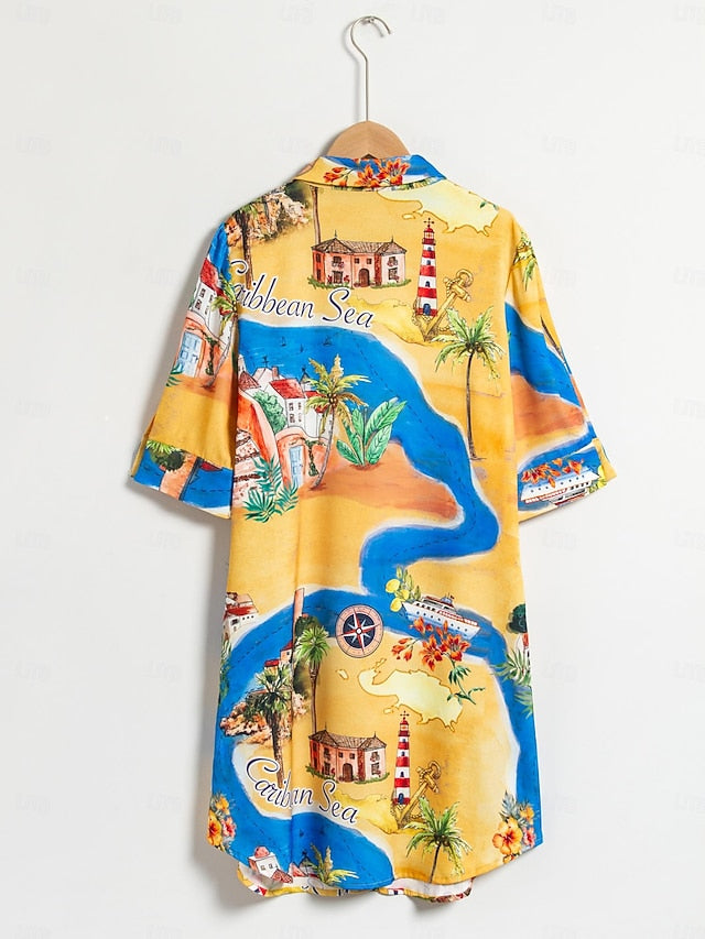 Satin Coastal Map Graphic Print Mini Dress