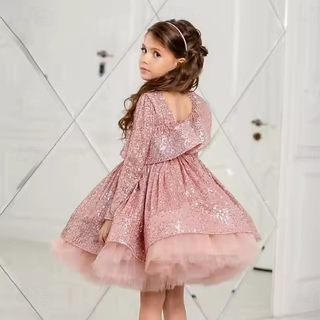 Girls' Sleeve Party Long Solid Dress Color Performance Kids