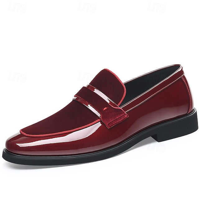 – Velvet Design Faux Sleek Leather with Red Men's Loafers