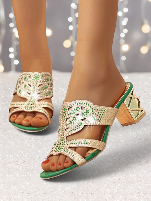 - Rhinestone and Heeled Embellished Sandals Gold Green