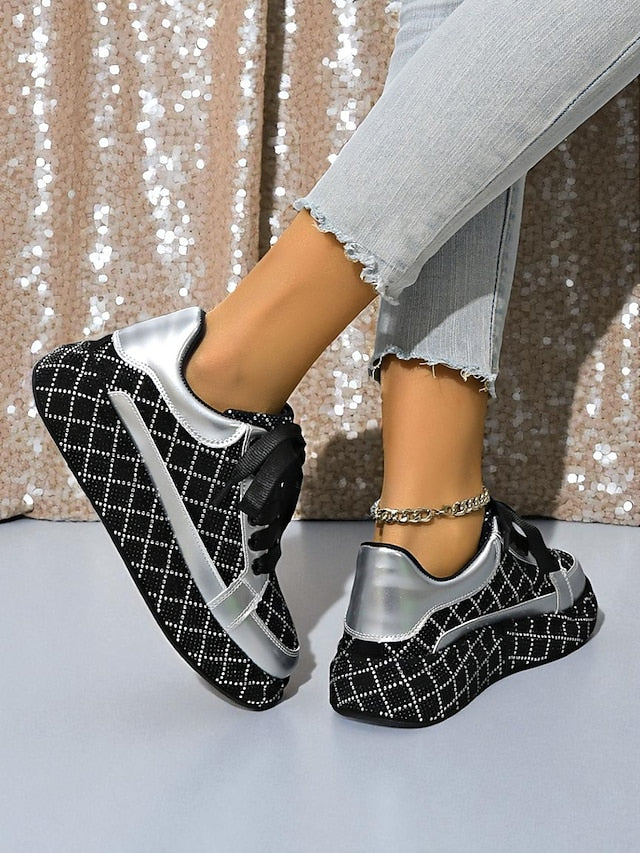 Quilted and Women's Rhinestone Silver Sneakers - Black