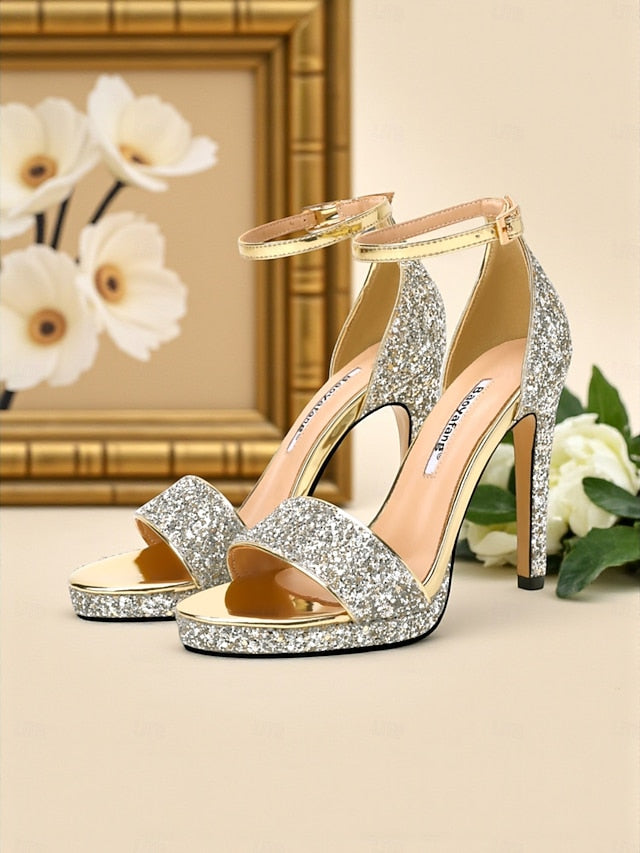 Ankle Women's High Sandals Silver with Strap Glitter Heel