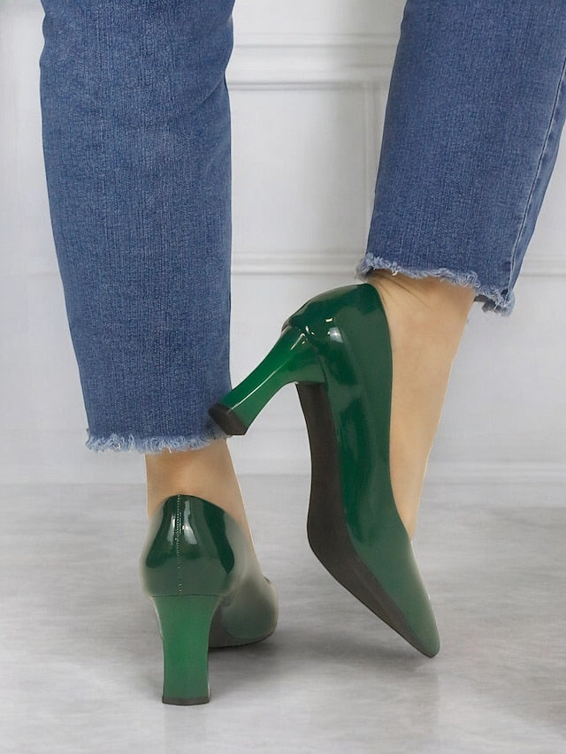 Faux Green Heel Leather Pointed-Toe Patent Block Glossy Pumps