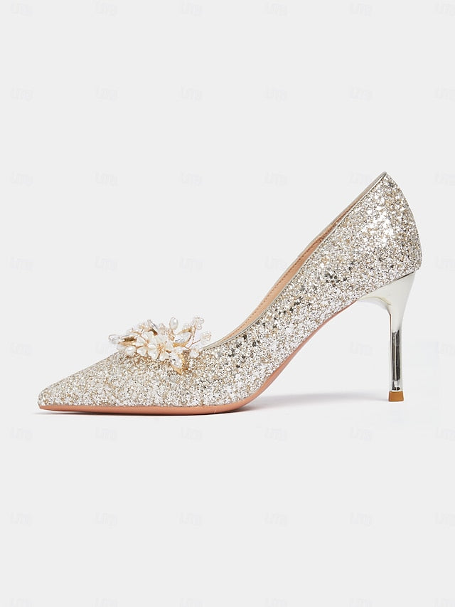 Heels Silver Glitter with Stiletto Floral Women's