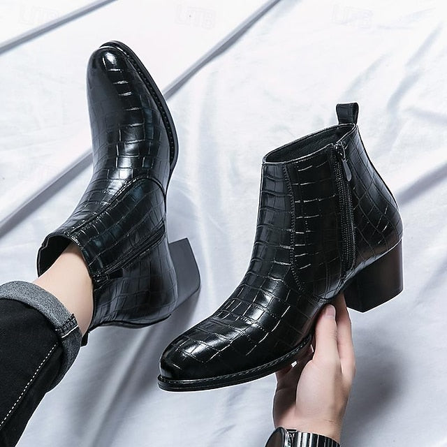 Crocodile Brown Pattern Faux Leather Boots - Men's Ankle