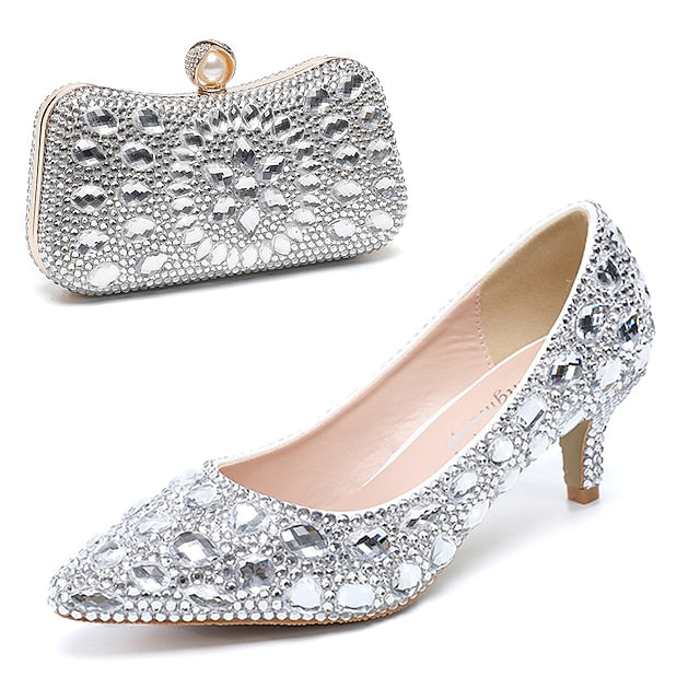Crystal-Embellished and Shoes Heel Matching Women's Kitten