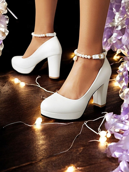 High – Pumps Women's Ankle White Pearl Heel with Strap