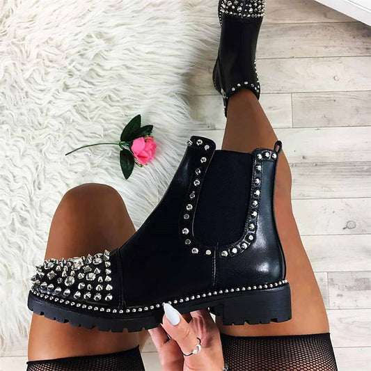 Sole for – Chunky Women Boots Ankle Black Studded Chelsea