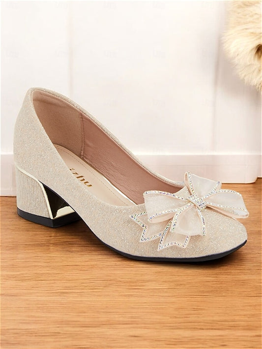 Heel with Glitter Pumps Block Bow Decoration Women's - Gold