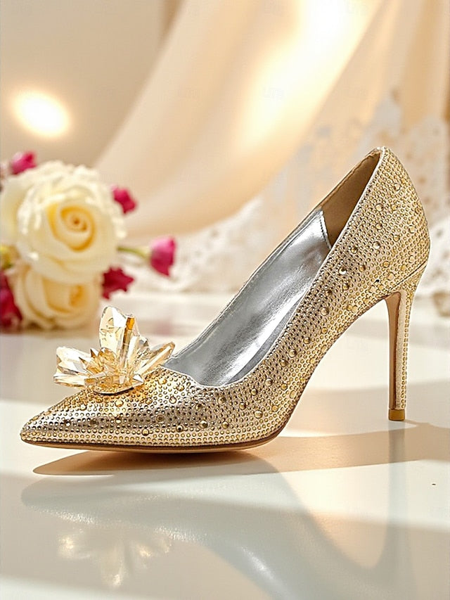 Women's - Gold Embellished Pumps High Crystal Sparkly Heel