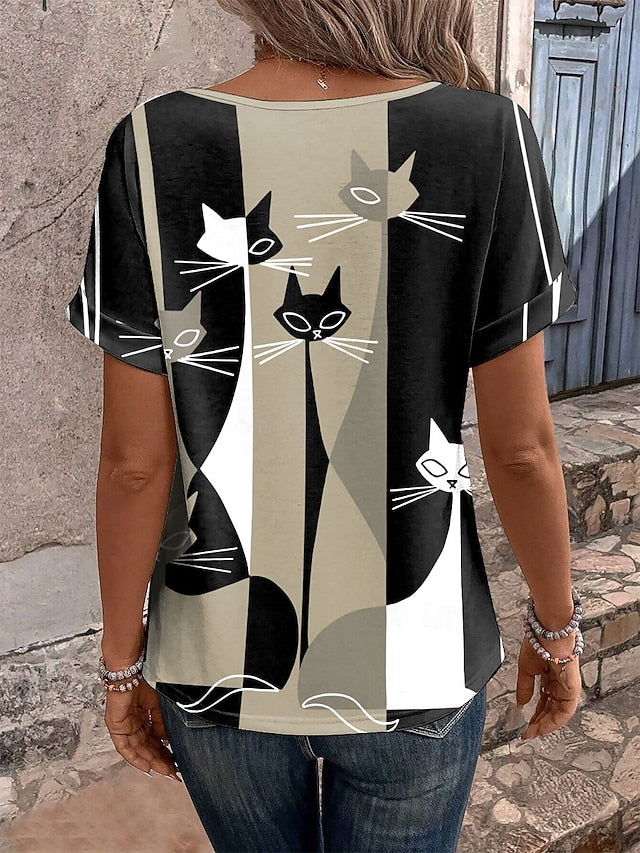 Women's T Shirt Casual Color Block Cat Print Short Sleeve