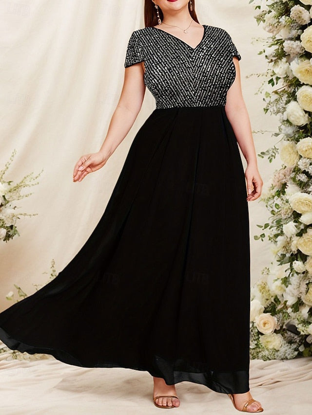 A-Line Size Mother Bride of Plus Sparkle the Black Dress
