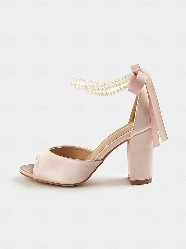 Heel Satin Block with Sandals Peep-Toe Pearl Women's Ankle