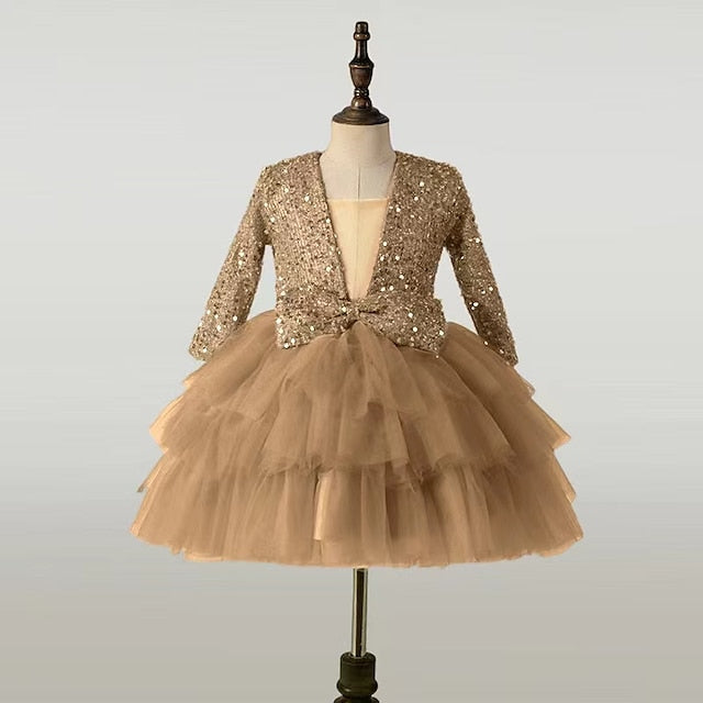 Party Long Sequin Girls' Dress Performance Kids Sleeve