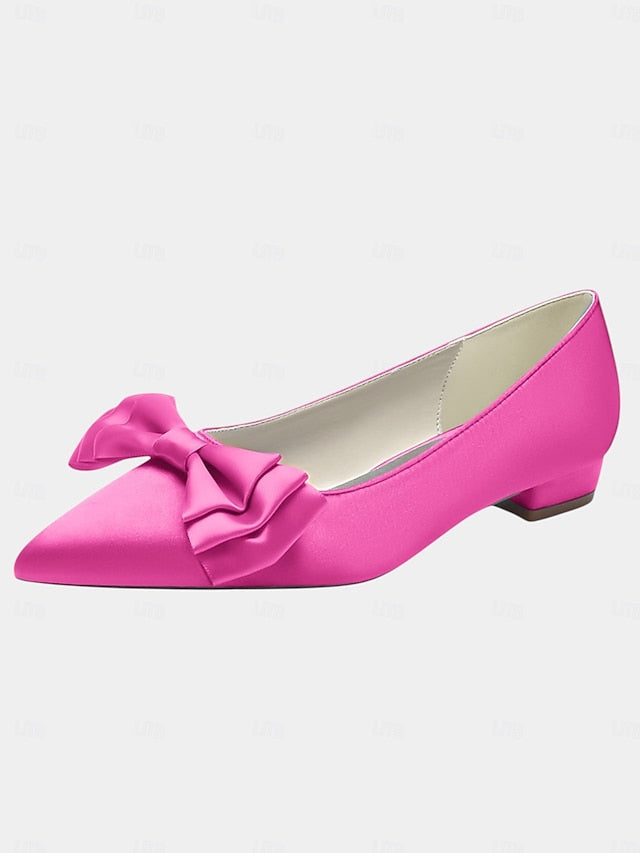 Green Bow Elegant Pointed Toe - Satin Flats Women's