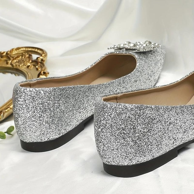 with Rhinestone Embellished Flats Women's Glitter Silver