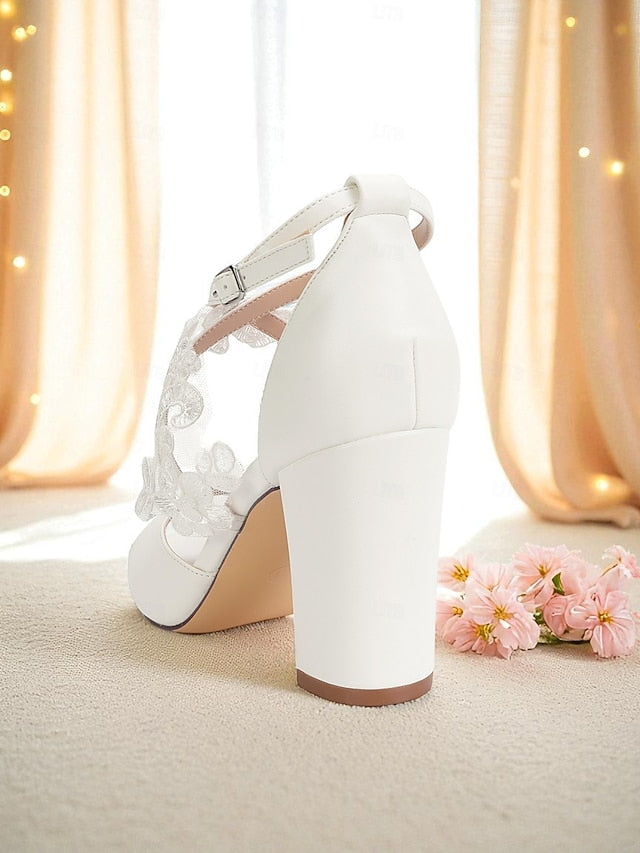 Lace Heel - Ankle Strap White Women's Sandals with Block