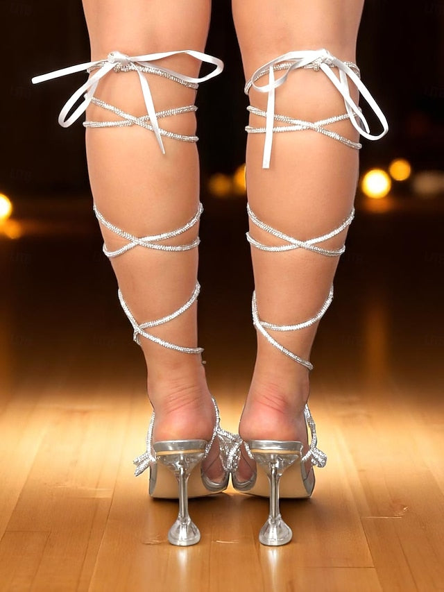 Heeled Women's Bow with and Glitter Crystal Silver Sandals