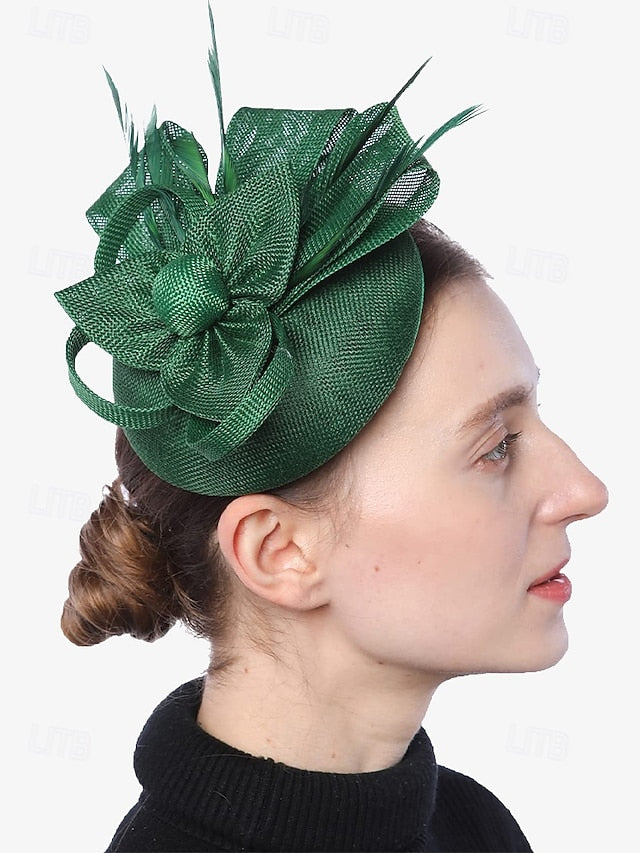 and Green with Women's Hat Bow Accents Feather Fascinator