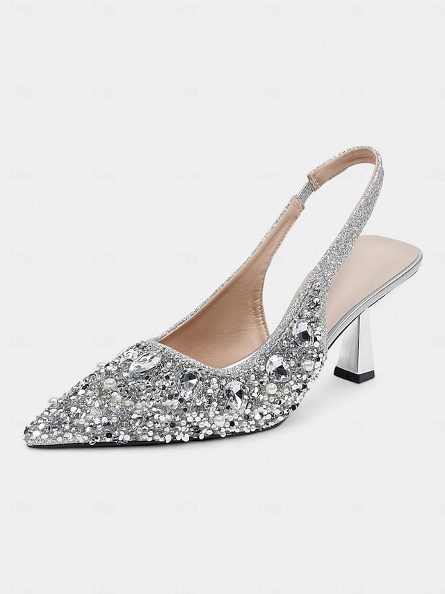 Pearl Rhinestone Women's Slingback with Heels Gold