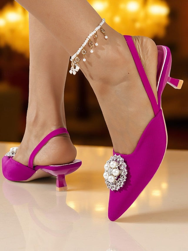 Women's and Blue Satin with Slingback Pumps Pearl