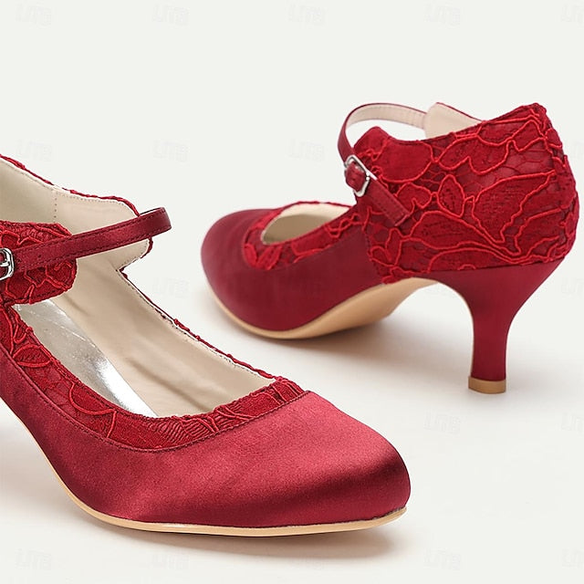 Women's Heels Lace Comfortable Mid-Heel - Satin Elegant Red