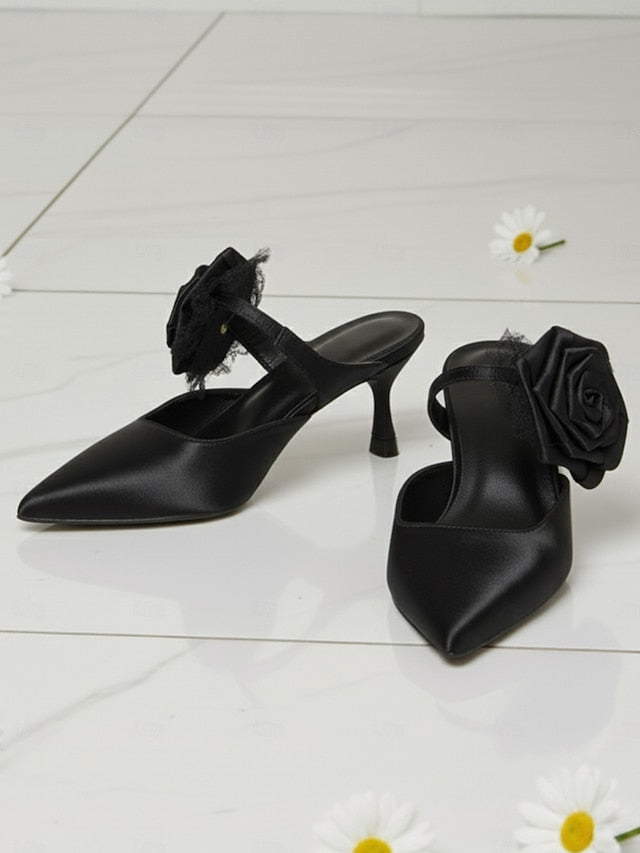 with Floral Heels Women's Toe Satin Pointed Green Ankle